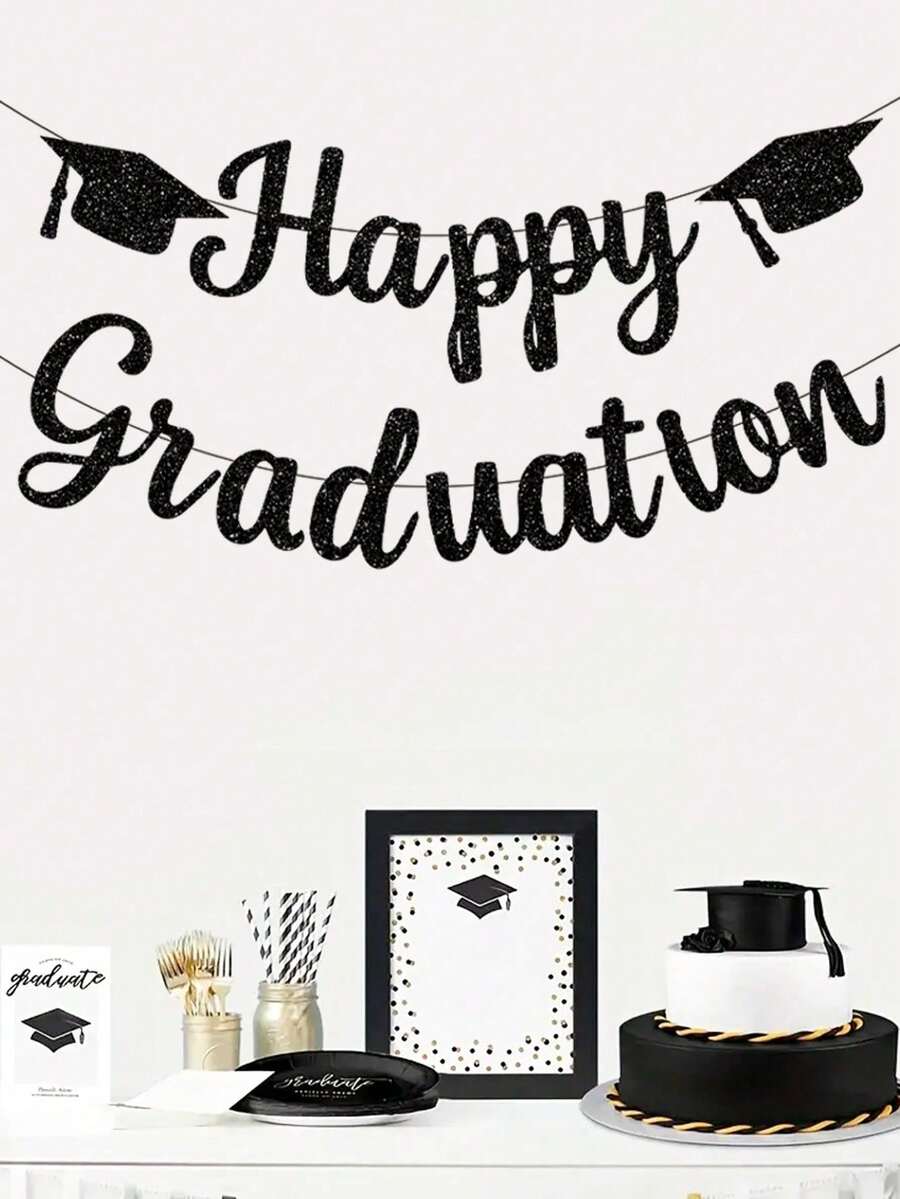 2 piezas Gorro de graduación negro con purpurina y pancarta colgante de Feliz Graduación, utilizado para la decoración de la fiesta de celebración de la temporada de graduación - negro - Ver 1