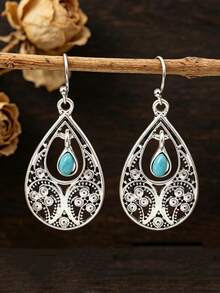 1 Pair Bohemian Style Turquoise Teardrop Earrings, Vintage Hollow Carved Zinc Alloy Ear Jewelry - Antique Silver - View 1