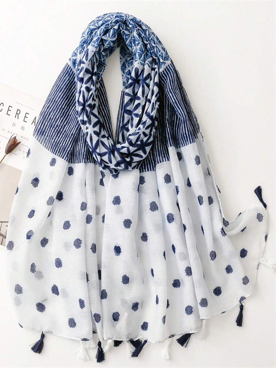 1pc Simple Printed Scarf New Bohemian Colorful Geometric Diamond Print Long Scarf Spring/Summer Sun Protection Silk Scarf - Blue and White - View 1