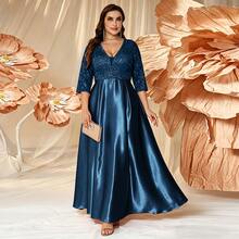 XUIBOL Đầm dạ hội nữ size lớn, chân váy xòe satin, áo cổ chữ V đính sequin, tay lỡ 3/4, phù hợp cho đám cưới và các sự kiện trang trọng - Màu xanh ngọc - Xem 10