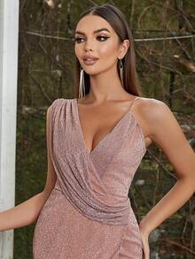 Vestido midi asimétrico con cuello en V, ajustado y con abertura lateral - Rosa - Ver 6