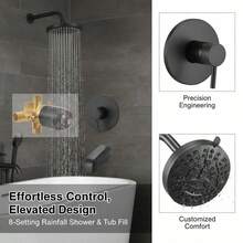 [Free Shipping] Bathtub Shower System 5-Inch Rain Showerhead Bathtub Spout For Master Bathroom Guest Suite Rental Apartment 8-Setting Adjustable Spray Single-Handle Tub Trim Kit Brass Pressure Balancing Valve Matte Black-XY958366 - Default0 - View 2