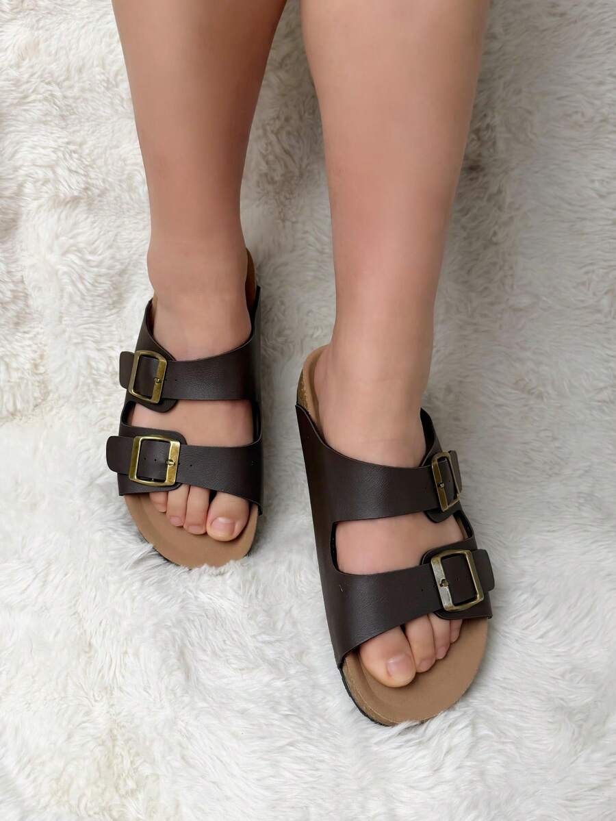 女款極簡露跟舒適度假風 Birkenstocks 風格平底穆勒涼鞋，米色，夏季鞋款