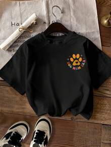 Casual Short-Sleeved Printed T-Shirt. 100% Cotton. 1 Piece. Printed On Both Sides. Women's Casual Short-Sleeved T-Shirt With A Round Neck. Fashionable Women's Clothing, A Commuting Essential, Machine Washable. Spring And Summer Top. - 黑色 - 查看 2