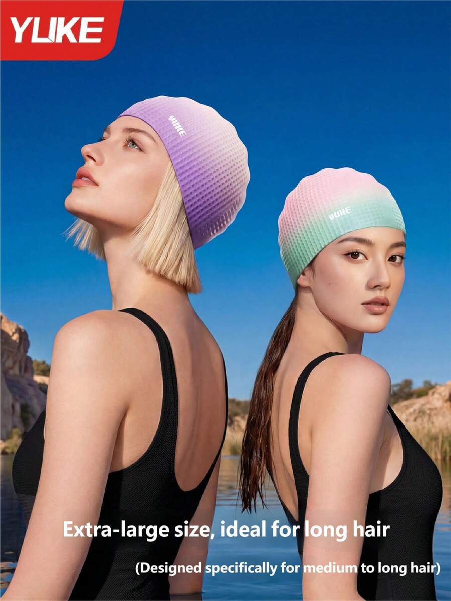 YUKE Macaron Gradient Long Hair Swimming Cap, Extra Large Silicone Swimming Cap, Soft Elastic Waterproof Anti-Slip Bath Cap, Unisex, Comfortable Pool Beach Training Swimming Cap