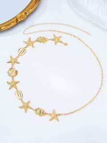 1 pieza Colgante de collar con estrella de mar y concha de estilo oceánico de metal, adecuado para atuendos diarios y de vacaciones de verano de mujeres - Amarillo Oro - Ver 5
