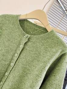 Minimalist Korean Style Grass Green Round Neck Knit Cardigan, Slouchy Versatile Long Sleeve Short Knit Top Fall - Green - View 4