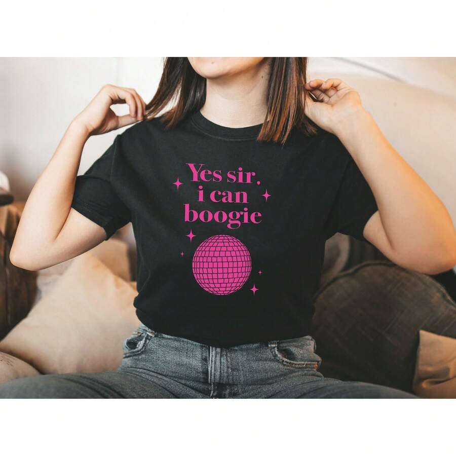 Grafiska bomullströjor för dam, sommartoppar för kvinnor, Yes Sir I Can Boogie T-shirt • Minimalistisk citat-t-shirt • 70-tals 80-tals Y2K disco-dans-topp • Trendig disco-kula party-present till födelsedagsflickan • - Svart - Visa 1