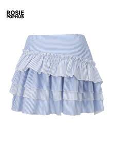 ROSIE POPHUB Striped Tiered Ruffle Mini Skirt, High Waist Ruched Asymmetrical Hem Casual Cake Skirt, Ideal For Preppy Style, Daily , Summer & Vacation - Blue - View 7