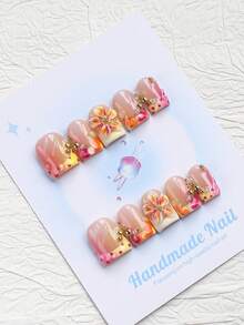 10PCS -Handmade Press On Nails, Square Shape, Fake Nails, Y2K Style, Sturdy Quality, Reusable, Pink, Matching French Style, 3D, Suitable For Daily Wear, Parties,Vacation, And Also The Best Holiday Gift For Girls And Women. - Orange - View 3