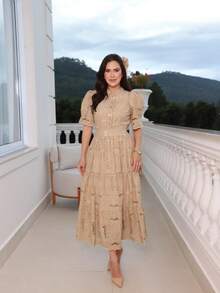 Women's Elegant Floral Embroidered Lace Midi Dress, 100% Cotton, With Puff Sleeves, Front Buttons And Full Skirt - Romantic And Sophisticated Look, Summer 2025 - 沙米色 - 查看 2