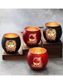 1 pièce Bougeoir en verre avec imprimé de crâne gothique, décoration de bougie chauffe-plat, design vibrant du Jour des Morts mexicain, motif floral, décoration d'ambiance de fête d'Halloween vintage rouge et noire, ornement de décoration pour la maison du Jour des Morts, décoration de table de fête - Multicolore - Voir 8