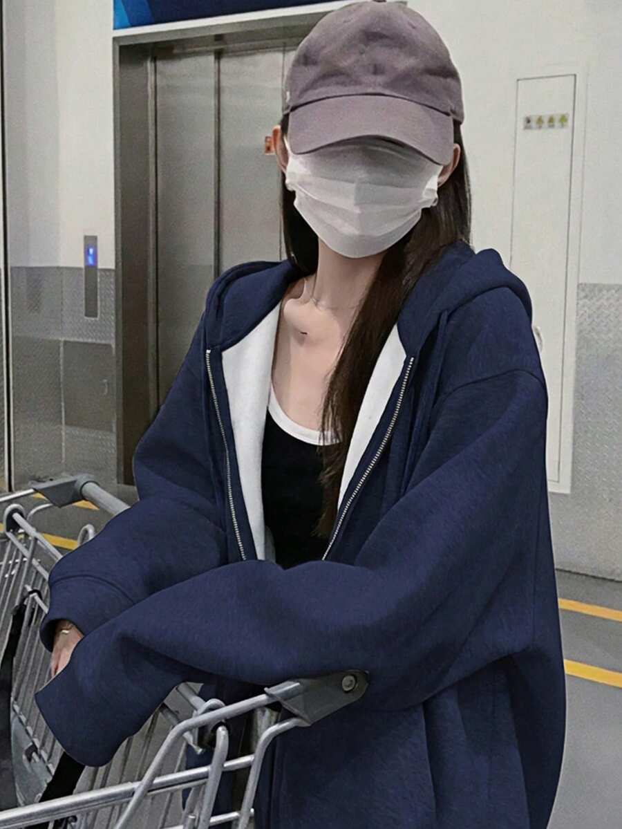 女士纯色长袖拉链连帽休闲卫衣 - 藏蓝色 - 查看 1