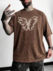YUNCHIC - Men's Casual Washed T-Shirt, Cartoon Butterfly Pattern, Loose Fit, Versatile Daily Summer Wear - Coffee Brown - View 2