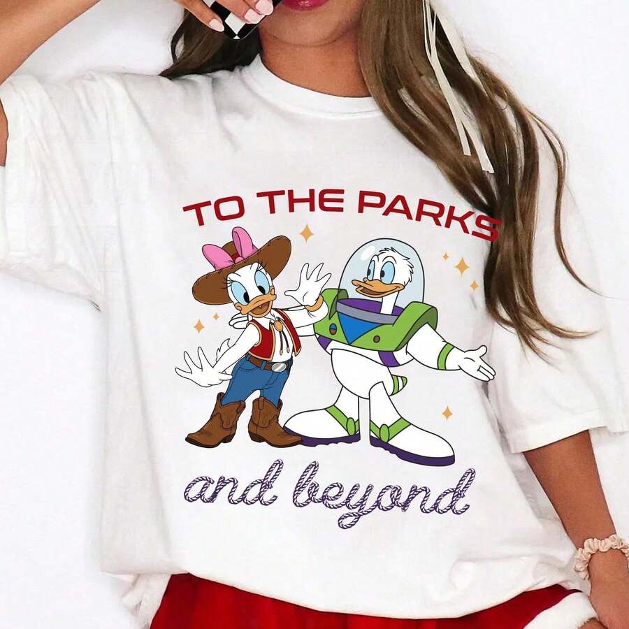 Disney Toy Story Cowgirl Tee | "To The Parks And Beyond" Jessie & Buzz Lightyear Graphic Print T-Shirt, Retro... | Disney 100% Cotton T-Shirt - 白色 - 查看 1
