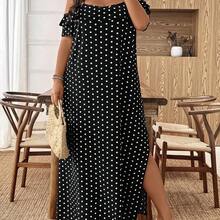 guang zhou mi qian shang mao  Tall CURVE Vestido largo de mujer de talla grande con volantes en el hombro y el bajo, vestido largo para vacaciones en la playa, de tela texturizada lavada con aspecto de lino, suelto y cómodo y transpirable - Multicolor - Ver 5