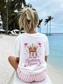 青少年女孩 - "10歲生日女王" 圖案T恤，適合活動和日常穿著 - 生日慶祝的理想禮物 - 白色 - 查看 1