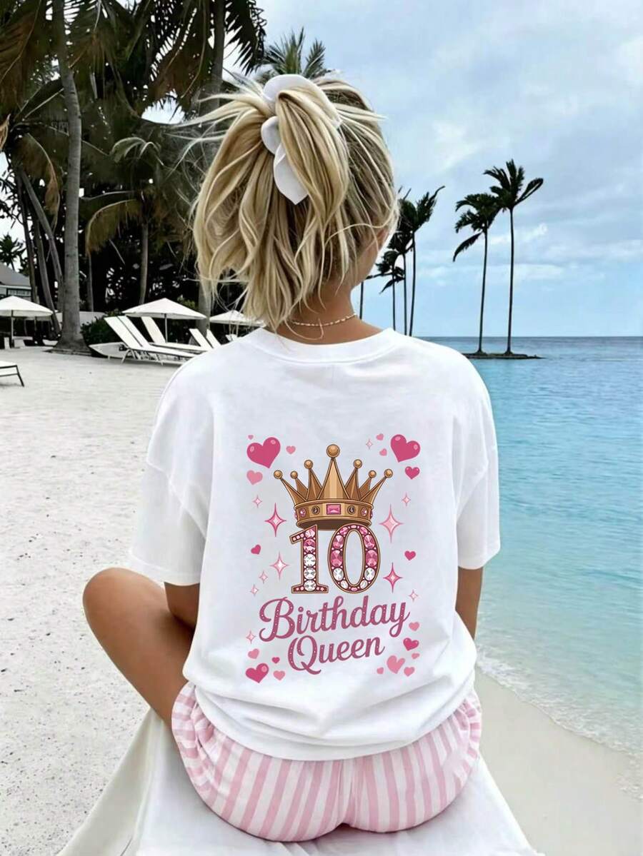 青少年女孩 - "10歲生日女王" 圖案T恤，適合活動和日常穿著 - 生日慶祝的理想禮物 - 白色 - 查看 1