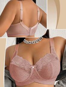 Plus Size Women's Wireless Bra With Floral Print, Breathable Non-Slip Lace Patchwork, Supportive Lift, Adjustable Straps, Seamless For Daily Wear - Apricot - View 7