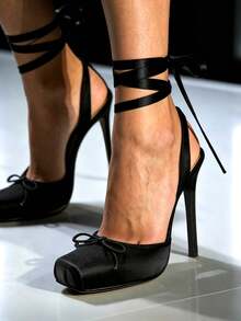 Ballet Heels Satin Stiletto Heels For Women Close Square Toe Bow Lace Up Ribbon Strappy Mary Jane Slingback Ballerina Pumps Lolita Party Wedding Prom Dress Shoes Cute Aesthetic Heels - Đen B - Xem 1