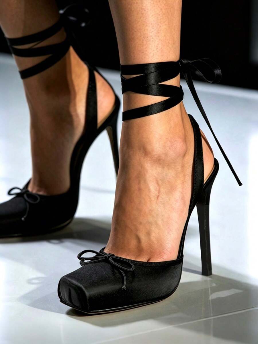 Ballet Heels Satin Stiletto Heels For Women Close Square Toe Bow Lace Up Ribbon Strappy Mary Jane Slingback Ballerina Pumps Lolita Party Wedding Prom Dress Shoes Cute Aesthetic Heels - Đen B - Xem 1