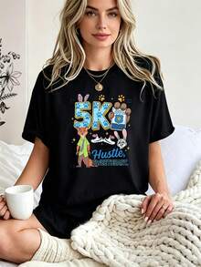 Breathable Cotton Disney Fan Tee | "Zootopia" Judy Hopps & Nick Wilde Running Print | Fun Race Short-Sleeve Shirt - Black - View 1