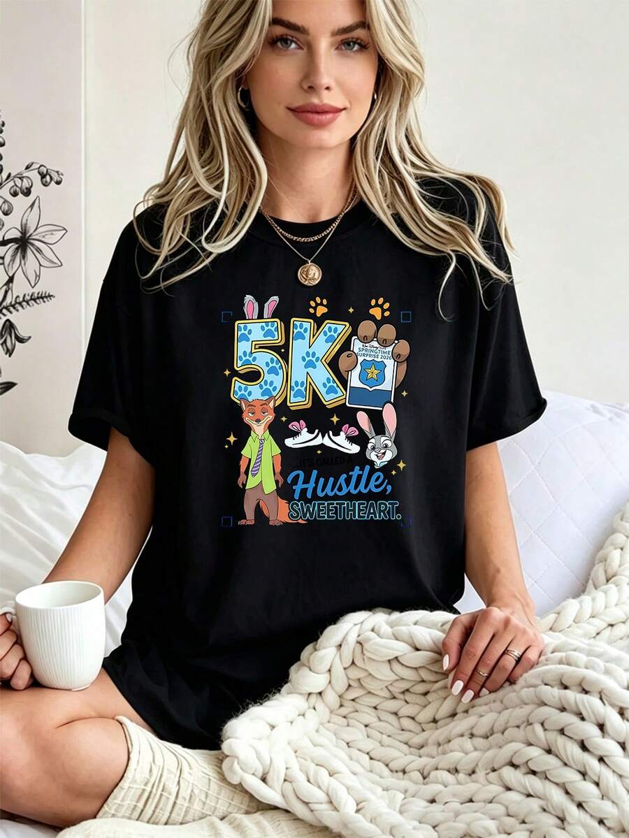 Breathable Cotton Disney Fan Tee | "Zootopia" Judy Hopps & Nick Wilde Running Print | Fun Race Short-Sleeve Shirt - Black - View 1