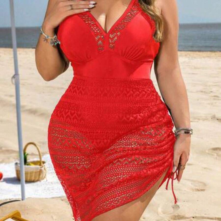 YijiaNvz Swim Lushoire Traje de baño tankini de talla grande con falda, de tela negra y tela jacquard de punto, con cuello en V, tirantes ajustables, cordón con túnel, elegante y sexy para la playa y vacaciones casuales - Rojo - Ver 1