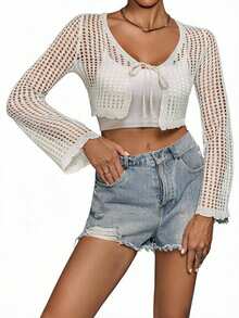 Blazique Plus Size Solid Color Short Hollow Out Knit Cardigan White Spring Casual - White - View 1