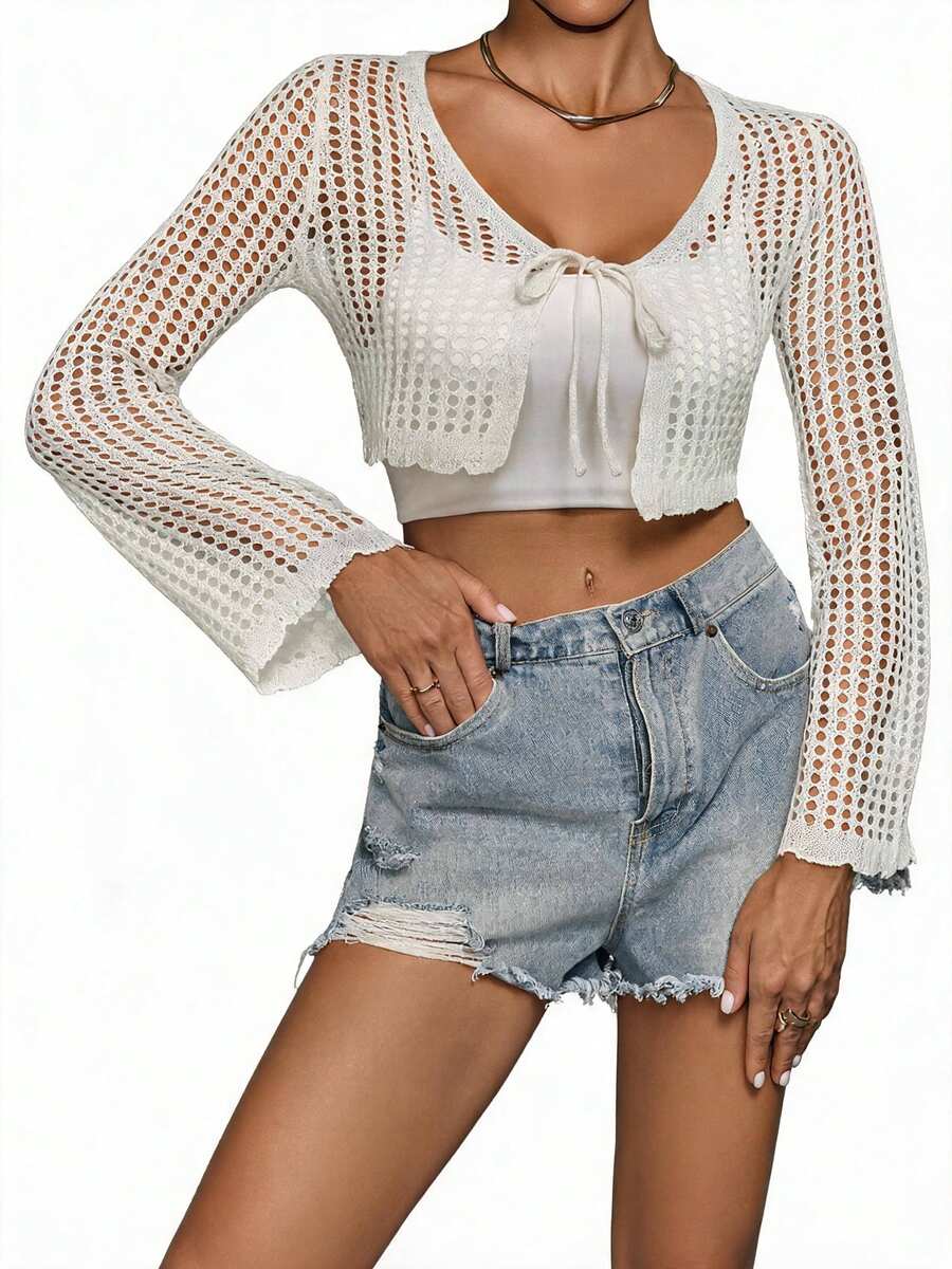 Blazique Plus Size Solid Color Short Hollow Out Knit Cardigan White Spring Casual - White - View 1