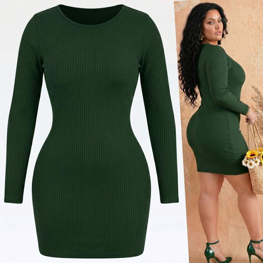 Plus Size Basic Short Dress Ribbed Long Sleeve Shaper Elegant Night Party Cold Light - Army Green - View 1