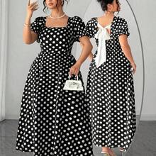 dahkjdgajy  Vestido de manga corta con cuello de mariposa con lazo y estampado de lunares elegante y vintage para mujer de talla grande, primavera/verano - Azul marino - Ver 2