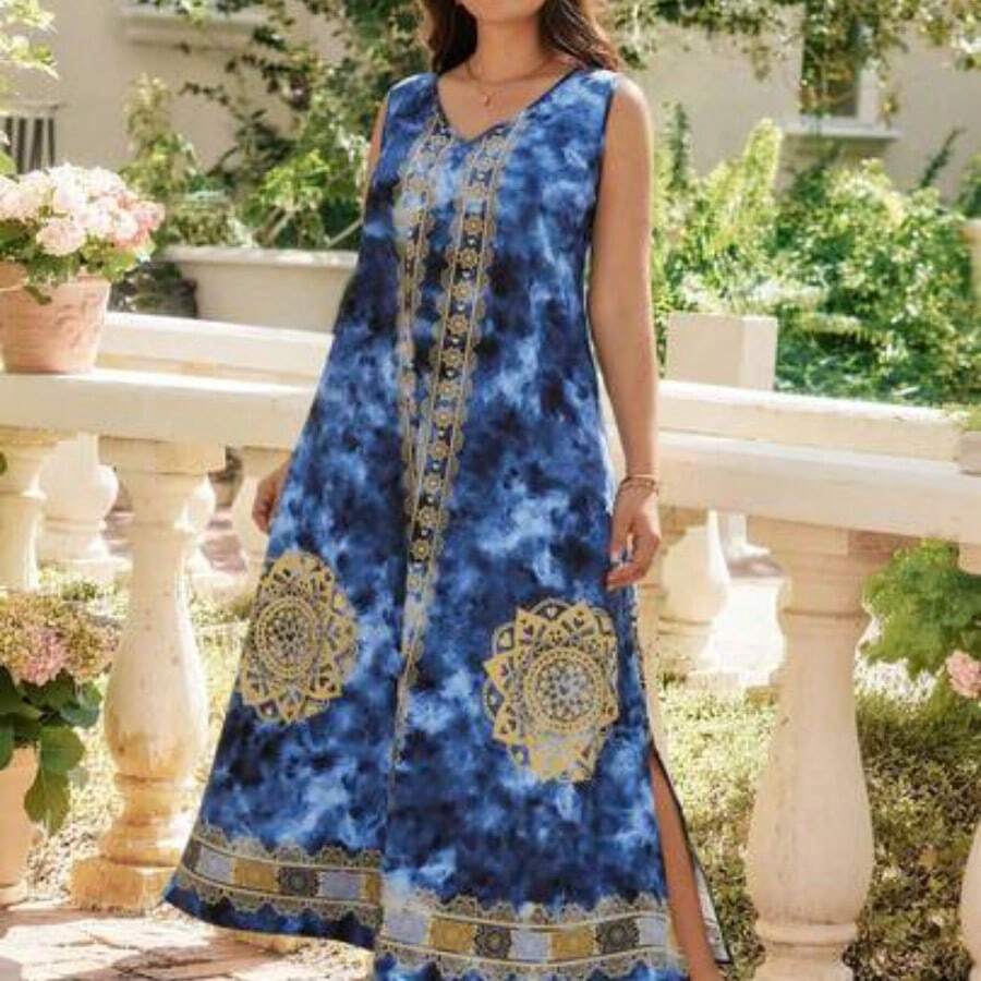 guangzhougaolangshangmao Vestido largo con estampado floral de escote en V, elegante y casual, tallas grandes, adecuado para primavera/verano, vacaciones - Multicolor - Ver 1