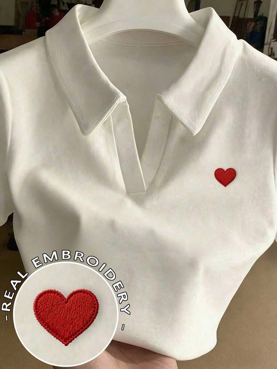 Camiseta de manga corta ajustada con cuello bordado para mujer - Blanco 4 - Ver 1