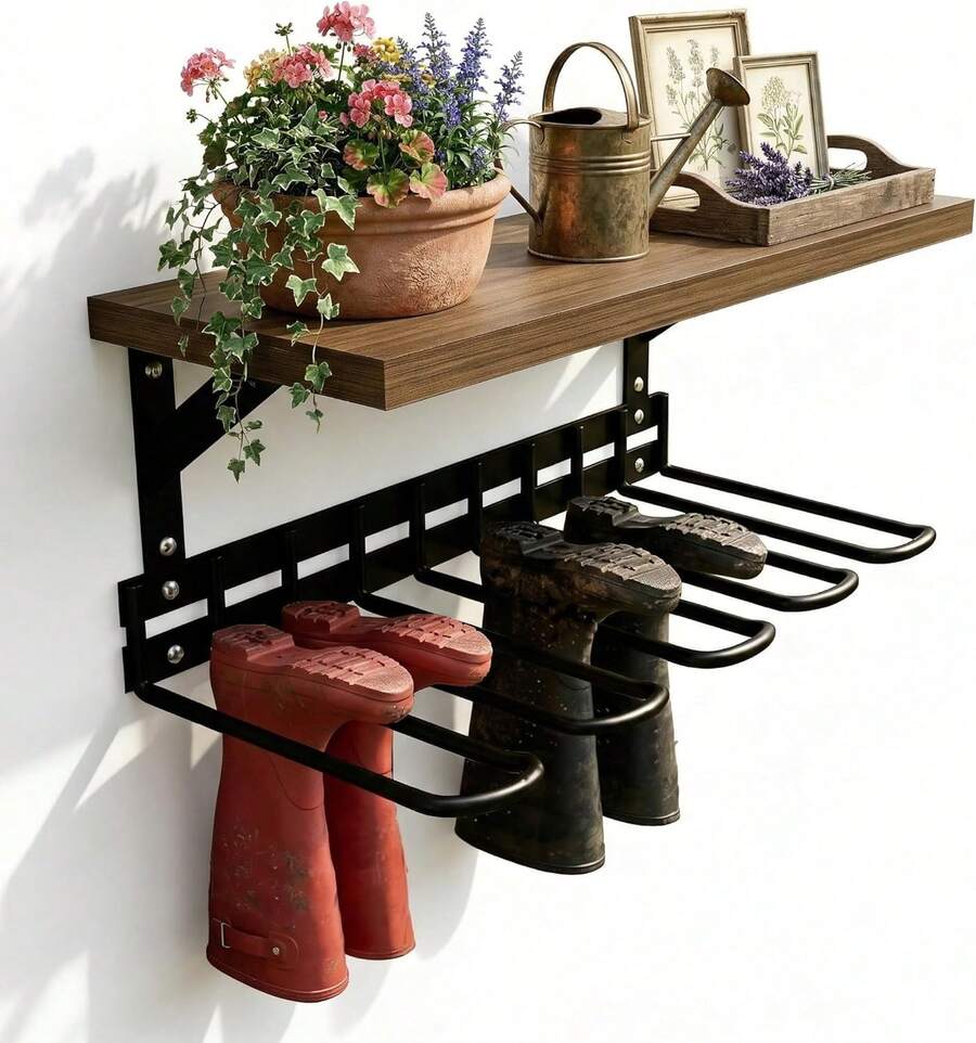 Wall Mounted Boot Rack And Garden Tool Organizer Heavy Duty Steel Storage Racks With Curved Hooks Multi Functional Utility Shelf Display For Garage Backyard Black Two Pack - 2 Pcs - View 1