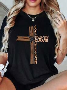 ropa de mujer  Camiseta Premium de 1 pieza para mujer con estampado gráfico de cruz cristiana, , informal, religiosa, 100% algodón, cuello redondo, corte holgado, manga corta, ecológica, para verano. camisas de mujer - Negro - Ver 1