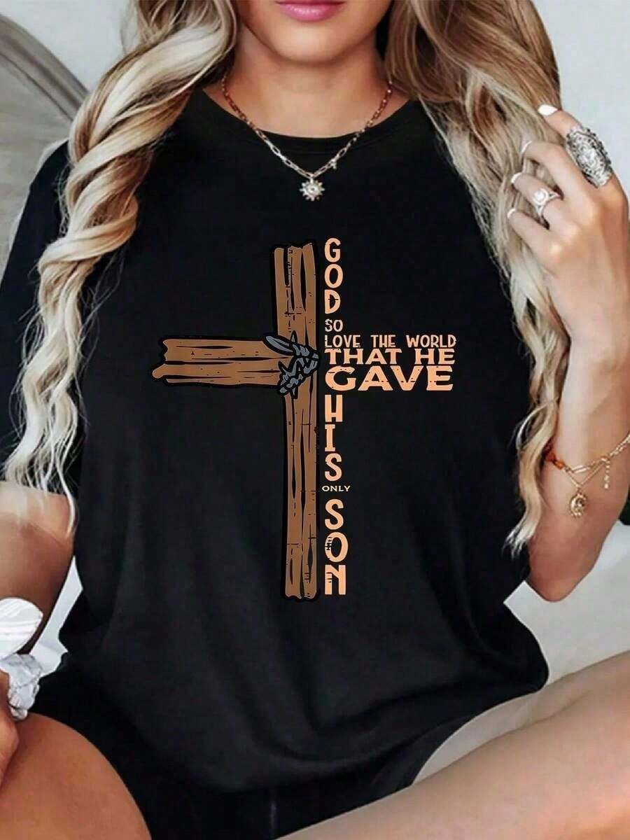 ropa de mujer Camiseta Premium de 1 pieza para mujer con estampado gráfico de cruz cristiana, , informal, religiosa, 100% algodón, cuello redondo, corte holgado, manga corta, ecológica, para verano. camisas de mujer - Negro - Ver 1