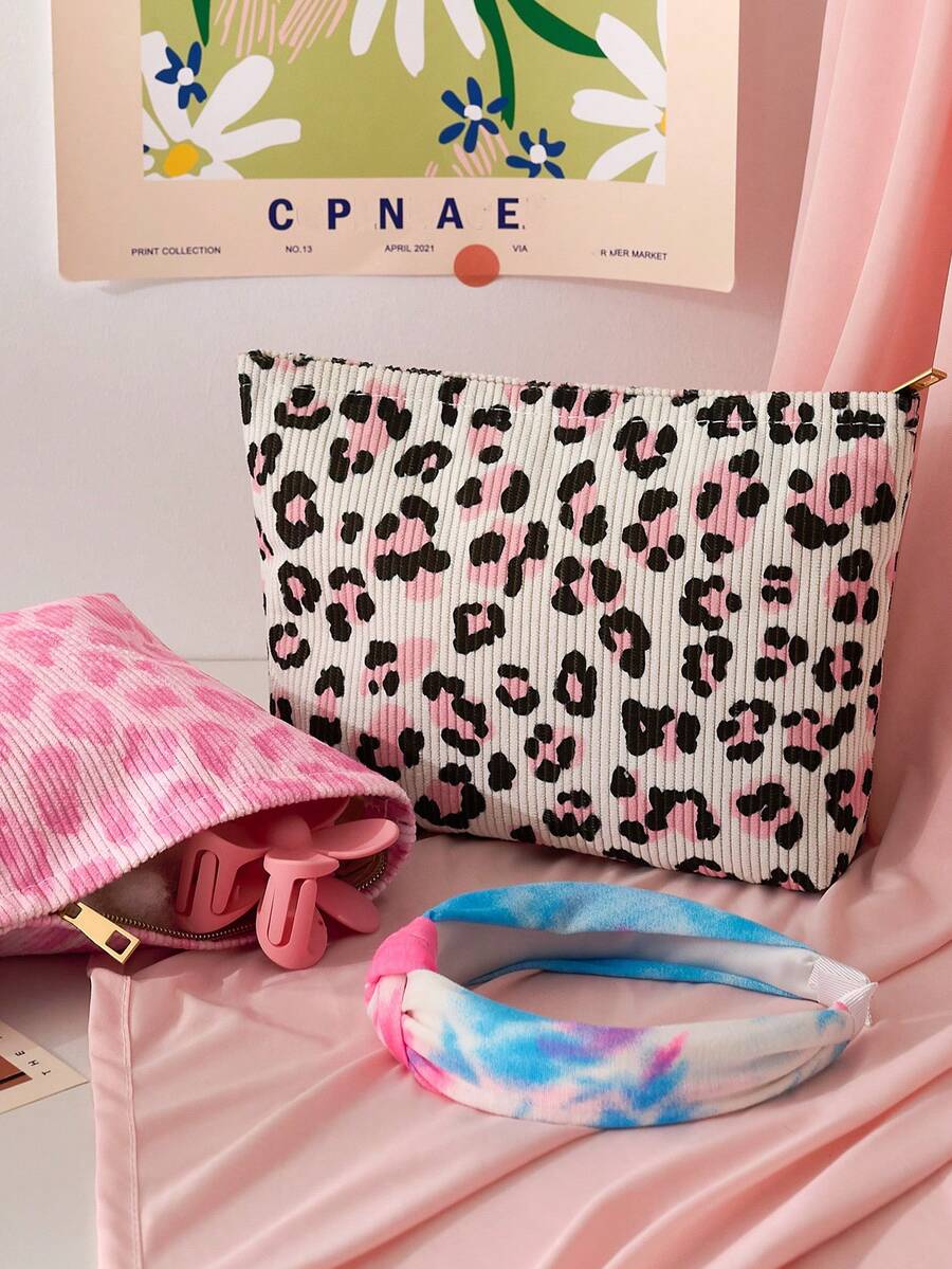 1pc Portable Leopard Print Cosmetic Bag, Double-Sided Pattern Zipper Makeup Pouch, Multifunctional Travel Toiletry Organizer,Fall Decor,Autumn Decor,Room Decor - Multicolor - View 1