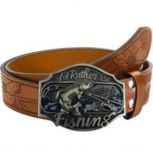 【Western Retro Belt】中性嘻哈釣魚愛好者西式復古腰帶－不對稱圖案雕花長角牛頭平滑扣頭腰帶－搖滾風牛仔褲搭配款 - 彩色 - 查看 9