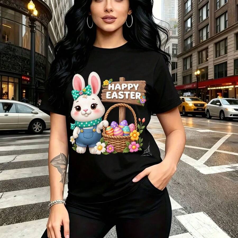 Camiseta de mujer con estampado festivo de conejito de Pascua con overol azul y bufanda verde junto a canasta de huevos pastel - camiseta casual de manga corta, ajuste cómodo y elegante, estilo urbano y alegre - ideal para celebraciones de Semana San - Negro - Ver 1