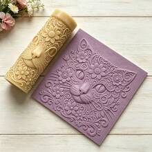 1pc Flower Cat Head Texture Roller - Plastic Clay Embossing Tool, Suitable For Soft Ceramics, Coasters, And DIY Jewelry Making, Featuring High Detail Feline Animal Patterns, Suitable For Crafts And Handmade Seals, It Is A Gift For Cat Enthusiasts - Apricot - View 3