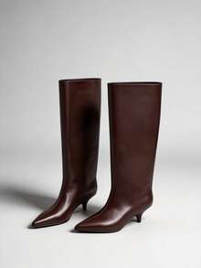 Fall/Winter French Blogger Style Pointed Toe Wide Shaft Thigh High Boots, Ins Nordic Kitten Heel Equestrian Boots For Women,Kitten Heels - Burgundy - View 9