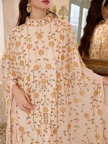 Elegant Embroidered Long Robe, Stand Collar, Pearl Embroidery, Batwing Half Sleeves, Soft Fabric Suitable For Parties And Formal Events - Apricot - View 6