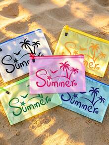 時尚防水PVC沙灘包，印有「Summer」椰子樹、海鷗、海星、貝殼等元素，彩色字母印花，A4尺寸，透明化妝包，尼龍拉鍊，適合游泳、潛水和夏季度假，輕巧便攜，男女通用，沙灘包配件，旅行必備，度假必備。返校用品盥洗包，大容量洗澡包，女性母親節禮物，教師節禮物，郵輪旅行必備 - 彩色 - 查看 3