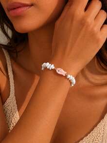 1pc Retro Fashionable Charming Elegant Personalized White Beaded Pink Fish Bracelet, Suitable For Women's Daily Casual, Party, Music Festival, Beach Vacation, Gift For Holidays - White Pink - View 6
