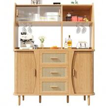 Aparador de alta calidad con aspecto de ratán y puertas correderas de cristal, mueble de cocina de 174,5 cm de altura con espacio de almacenamiento, aspecto de madera natural/nogal, capacidad de carga de hasta 60 kg. - madera - Ver 1