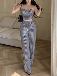 abyoxi Women's Navy Blue & White Striped Twist Bandeau Top And Drawstring Elastic High Waist Wide Leg Pants 2-Piece Set, Spicy Girl, Young Hot, Casual Vacation, Beach, Date, Home, Daily Outing, Summer Short Top And Long Pants Set - Navy Blue - View 6