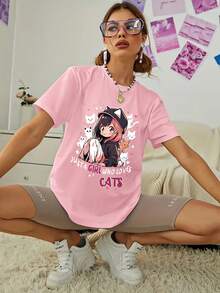 Camiseta de nuevo estilo con estampado de letras y gato para mujer, manga corta, versátil y a la moda, top juvenil] Adecuada para uso casual diario - Rosa - Ver 6