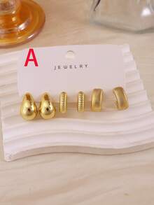 Light Luxury Metal Earring Set, Water Drop/Ribbed/Striped Style, High-End Elegant Versatile Ear Jewelry 9pcs/Set - Gold - View 6