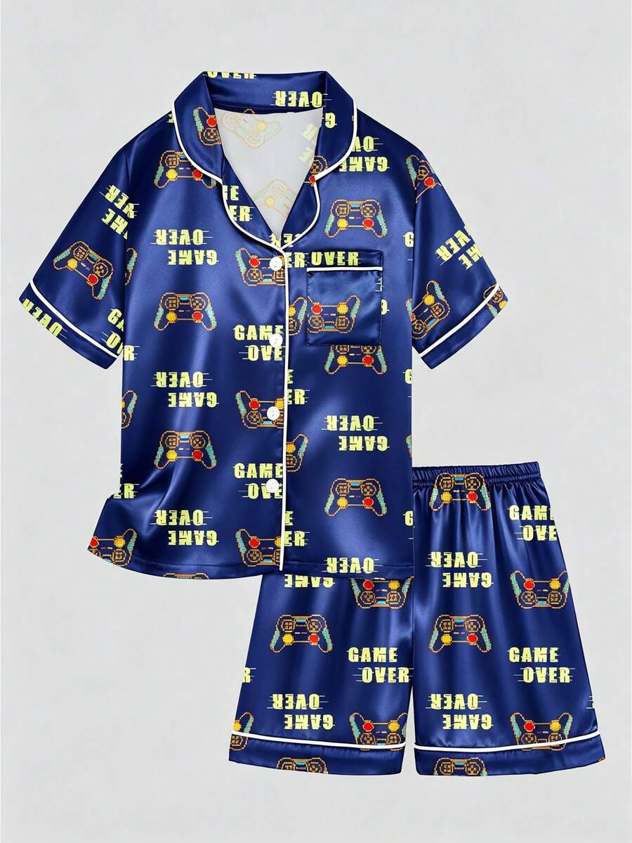 Tween Boy Blue Game Console Patterned Collar Short Sleeve Single-Breasted Shirt And Shorts Casual Pajama 2-Piece Set